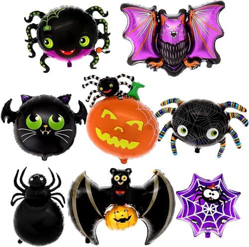 8 Stück Halloween Ballon, Halloween Deko mit Kürbis, Spinne und Fledermaus Ballon, Luftballons für Party, Restaurant, Club, Bar und Maskerade