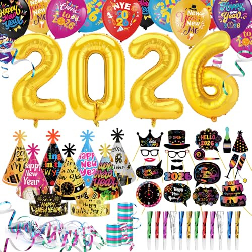 DPKOW 77 Stück 2026 Neujahrsparty-Zubehör Dekorationen, Partyhüte, Fotokabinen-Requisiten, Luftballons, Fransen, Geräuschmacher, Luftschlangen, 2026, Silvester-Paket, Gastgeschenk, bunt