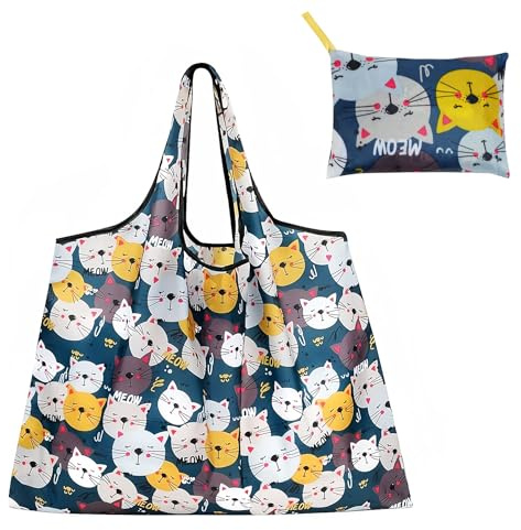 Mewflew große faltbare, stilvolle Einkaufstasche aus Nylon, tragbar und wiederverwendbar (52 cm x 66 cm) (Cat)