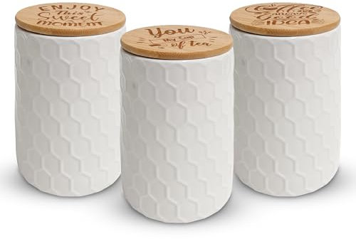 WiseAccordio® Premium Quality Dolomite Set of 3 White Honeycomb Bee Storage Jars|Ceramic Canister|Tea Coffee Sugar Jar Kitchen Storage Set |Silicone sealed lid |Bamboo Lid
