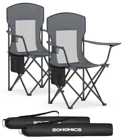 SONGMICS Set med 2 campingstolar, hopfällbar utomhusstol, fiskestol, högt ryggstöd, justerbara armstöd, mugghållare, hopfällbar, lastkapacitet upp till 150 kg, skiffergrå GCB028G01