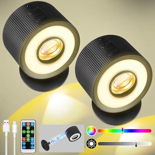 LED Wandleuchte Innen 2 Stück,Wandlampe Wandlichter ohne stromanschluss,4 Helligkeitsstufen 7 Farbmodi Nachttischlampe akku ,360° Drehbare Touch Control Leuchten Für Kinder Wohnzimmer Schlafzimmer