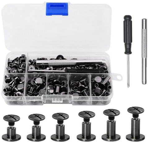 Chicago Binding Screws Assorted Kit, 110 Sets, 6 Sizes, Gunmetal Finish | Includes 4/5/6/8/10/12 mm Posts, Punch and Screwdriver for Leather Crafts, Book Repair, Diy Albums and Rivet Projects