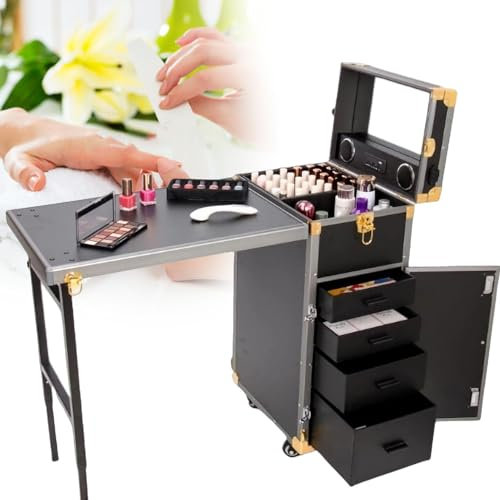 Mesa de Manicura con Ruedas, Escritorio de UñAs Plegable para Viaje con Almacenamiento, EstacióN de Trabajo con 4 Cajones, Espejo y Altavoz para SalóN Maquillaje, Organizador CosméTicos,BlackGold