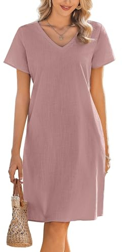 Zeagoo Vestidos Verano Mujer Vestido de Algodón Cuello en V Vestido Playa de Manga Corta Casual con Bolsillos Vestidos línea A Midi Color Sólido S-XXL