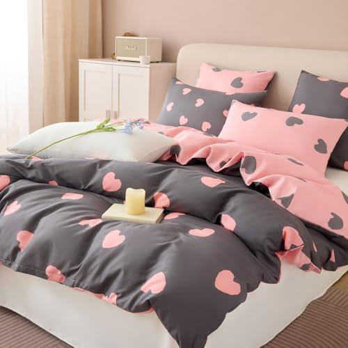 Tospass Herzen Bettwäsche 155x220cm Mädchen Grau Rosa Herz Ästhetik Bettwäsche-Sets Mikrofaser Wende Kinderbettwäsche ÖKO-TEX Deckenbezug 1 Bettbezug mit Reißverschluss 1 Kissenbezug 80x80cm