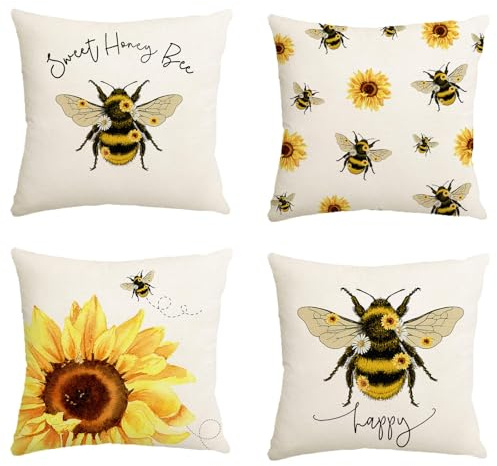 Avezano Bee Cushion Covers 45 x 45 cm Sunflower Bee Decorative Cushion Covers Sweet Honey Bee Pillow Covers for Sofa Couch Bed Home Decorations Set of 4