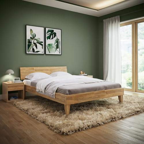 skølm Asgard Massivholzbett 140x200 cm - hochwertiges Holzbett aus Eiche mit Kopfteil – Bettgestell in Natur lackiert - Bettrahmen 140x200 cm geeignet als Doppelbett - Futonbett