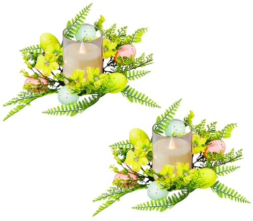 Osterdeko Kerzenkranz, 2 Stück Ostern Deko Kerzenringe mit Ostereier & Künstliche Blumen, Frühlingsdeko Kerzenringe für Stumpenkerzen, Frühling Kerzenkranz für Osterdeko Tisch, Frühling Tischdeko (D)