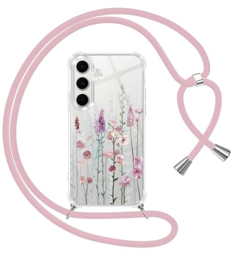 Yoedge Handyband Handyhülle für Samsung Galaxy S24 5G 6,2 Hülle mit Band, Durchsichtig Aesthetic Muster Blumen Case mit Kordel zum Umhängen, Weiche Silikon TPU + PC Stoßfest Cover für Samsung S24,03