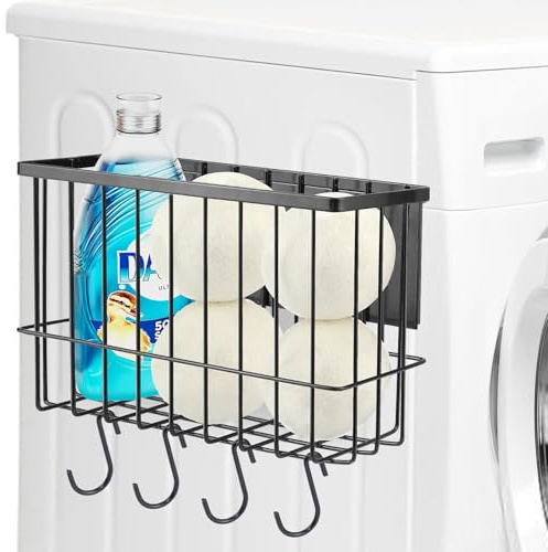 Uopyeri Magnetic Laundry Room Organizer Rack – Matte Black Storage Shelf for Washer or Dryer Side – Magnetic Mount, No Drill – Includes 4 Utility Hooks – Holds Detergent, Dryer Balls, Supplies
