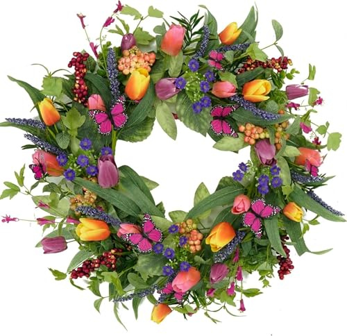 22 Inch Spring/Summer Wedding Wreath With Purple Tassel, Eucalyptus Leaves, Fern Butterfly Wall Decoration - Indoor and Outdoor Porch, Farmhouse Home, Holiday Birthday Party
