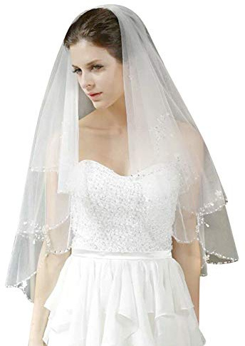 Brautschleier Strass Hochzeit Braut Schleier mit Kamm Doppelseitig Hochzeit Schleier Pailletten Perlen Deko Kurzer Softtüll 80cm-100 cm Weißer Eleganter Tüll Kopfschmuck für Party Brautkleid Kostüm