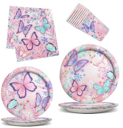 JSRHEEM Set di 50 piatti e tazze a forma di farfalla, con tovaglioli, adatti per 10 persone, decorazione per feste di compleanno con farfalle