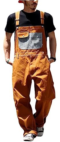 2025 - Jeans-Latzhose für Herren, entspannte Passform, Arbeitskleidung mit verstellbaren Trägern praktischen Werkzeugtaschen Jumpsuit Langarm Kurz (Orange, XXXL)