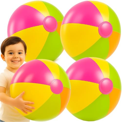 I LOVE FANCY DRESS 4-Pack Giant 16 Inflatable Rainbow Beach Balls – Large Pool Toys for Kids & Adults – Fun Summer Party Favourites for Beach & Poolside Play
