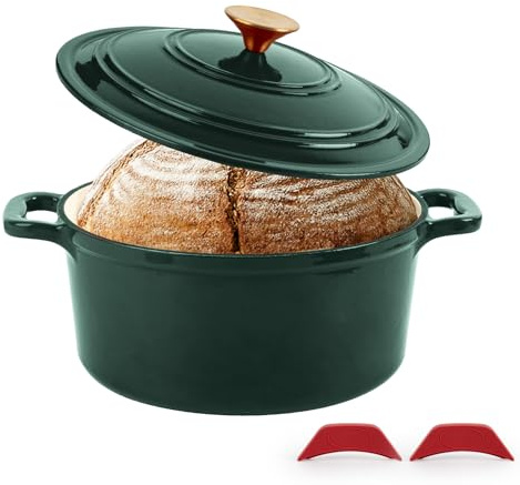 Tastedeli Enamel Cast Iron Dutch Oven with Lid, Round Casserole Pot for Bread Baking, Braising, Roasting, and Stews, Heavy-Duty, Oven Safe, Induction Compatible (4.7QT,Green)