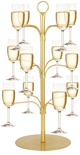 Cocktail Tree Stand for Party, Metal Drink Tower with 3 Tier 12 Holders, Bar Drinks Tree Display Wine Glasses Holder Suitable for Champagne Cocktails Martini at Christmas Weddings Bridal Shower (Gold)