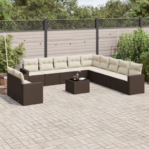 QJBSAVVA 12-TLG. Gartensofa Lounge-Set aus robustem Poly-Rattan mit Stauraum und Glas-Tisch platzsparendes Ecksofa für Balkon Terrasse Garten Lounge mit cremeweißen Kissen für kleine und große