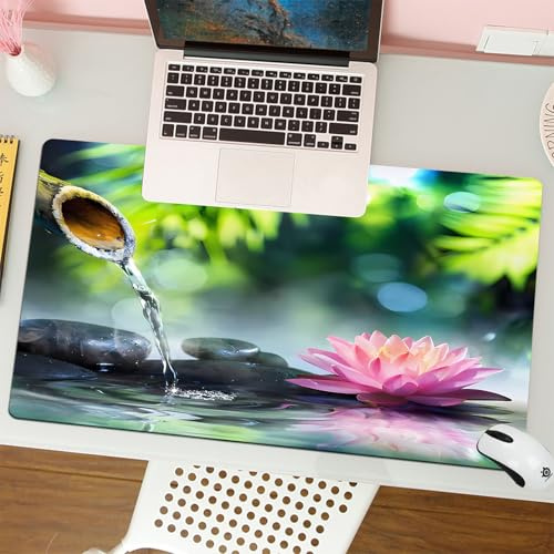 QRFASFZO Mouse Pad 31.5 × 12 inch Extended Large Mouse Mat Desk Pad, Stitched Edges Mousepad,Non-Slip Rubber Base,zen garden with black stones and pink waterlily,Gaming Mouse Pad XL