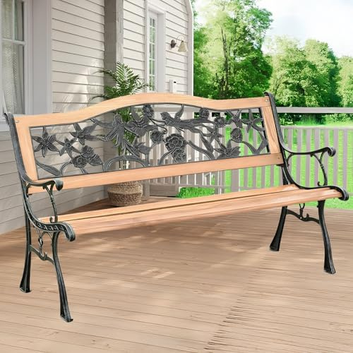 Banc De Jardin 2 Places Banc D'extérieur avec Dossier Et Accoudoirs, Banquette De Parc en Bois Mobilier pour Amenagement 126x45x79cm Banquette pour Terrasse Balcon Veranda(Natural Flower Fairy)
