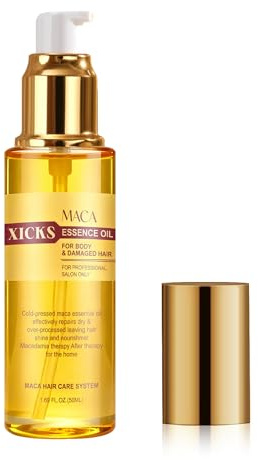 Xicks Huile essentielle de maca pressée à froid pour cheveux abîmés, répare les mèches sèches et surtraitées, anti-frisottis, cheveux lisses et brillants, traitement de qualité salon pour cheveux et