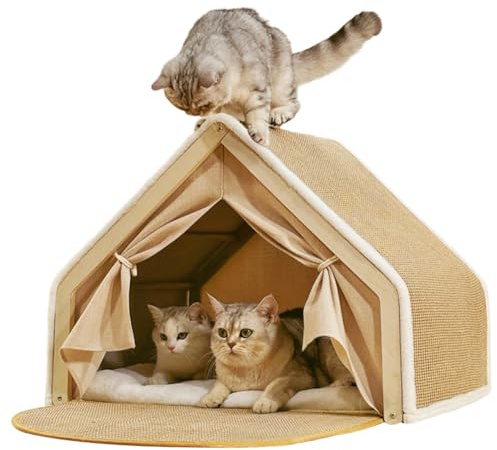 Casa para gatos, tienda de campaña para gatos, de sisal, 2 en 1, de madera, para interiores, casa para gatos con tabla rascadora para gatos de interior, cálido refugio para gatos