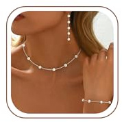 Fezodo Schmuck Set, Silber Perlenkette Damen Wasserfest Perlenohrringe Verstellbares Armband Perlen Brautschmuck Halskette Kette Damen Silver Schmuck für Frauen