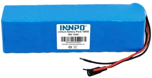 batería de Litio INNPO Pack 18650, de 48V y 10000mAh, con BMS, protegida por sobrecarga y Cables para soldar o añadir Conector.