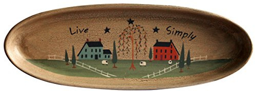 CVHOMEDECO. Primitive Rustic House Willow Tree Sheep Wood Decorative Plate Oval Crackled Display Wooden Plate Home Décor Art, 15-1/2 X 5-3/4 Inch
