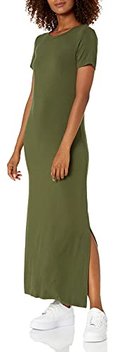 Amazon Essentials Robe Longue Fendue sur le Côté Col Rond à Manches Courtes Coupe Standard en Jersey Femme, Vert Forêt, L