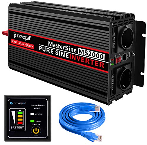 NOVOPAL 2000/4000W Inversor Onda Pura 12v 220v Conversor de Coche Convertidor Sinusoidal Pura, Control Remoto, 2 enchufes EU y Puerto 2.4A USB