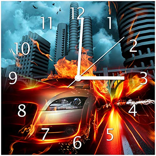 Wallario Design-Wanduhr Brennendes fahrendes Auto aus Glas, Motiv-Uhr Größe 30 x 30 cm, weiße Zeiger