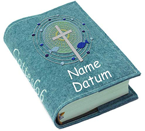 Gotteslob Gotteslobhülle Hülle Kreuz Fische Punkte blau Filz Namen bestickt Einband Umschlag personalisierte Gesangbuchhülle, Farbe:petrol meliert