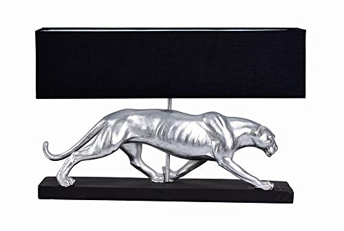 Tischlampe PANTHER Silber Schwarz 60 cm Art Deco Leuchte E27 Tierfigur Panther Skulptur Designlampe Stoffschirm Statement Lichtobjekt Wohnzimmer Konsole Sideboard Fensterbank modern Glamour