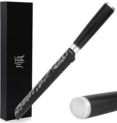 YOUSUNLONG Coltello da pane seghettato - 8 pollici - Affettapane - Coltello per dolci - Acciaio giapponese AUS8 Rivestimento in titanio nero - Bordi ondulati affilati - Manico in ebano naturale