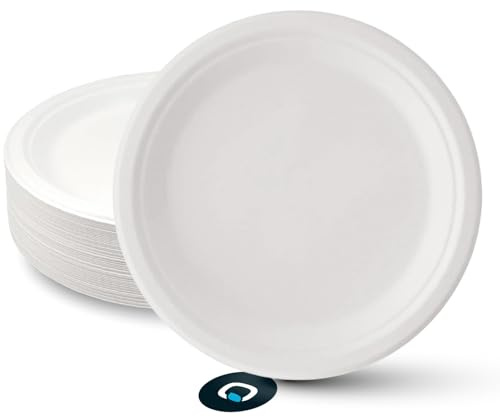 MAQA 50 Piatti Piani Biodegradabili e Compostabili Ø 23 cm – Piatti Bianchi In Polpa di Cellulosa 100% Bio – Resistenti a Caldo e Liquidi – Piatti Ecologici per Feste, Barbecue, Casa e Eventi