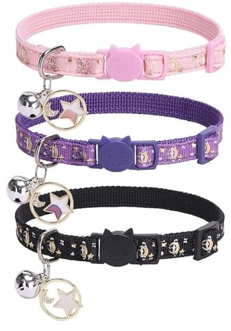 Reflektierende Katzenhalsbänder mit Glöckchen, sicheres Schnellentriegelungs-Katzenhalsband, verstellbar, passend für alle Hauskatzen | Niedliches Kostümzubehör mit Sicherheitsschnalle (Stern und Mond)