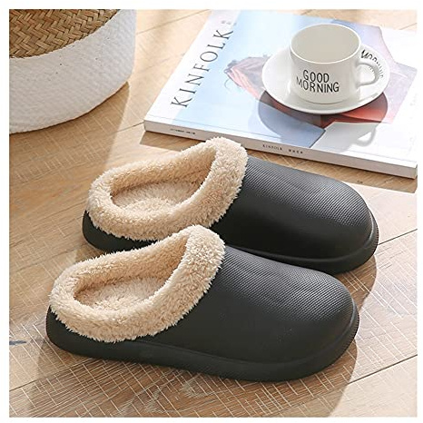Tofflor i bomull Vinter tofflor Varma Kvinnor Skor Vattentäta Par Non-Slip Plush Bomull Inomhus Utomhus Mysigt Män Hus Slipper (Color : Black, Shoe Size : 44-45)