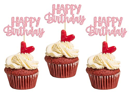 Gyufise 24pcs Happy Birthday Cupcake Toppers - Pink Glitter Cake Picks for Celebrating Parties & Showers