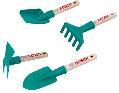 Theo Klein 2735 Bosch Garten Handgeräte-Set I Inkl. Spaten, Rechen, Schaufel und Hacke I Öse zum Aufhängen I Anti-UV I Spielzeug für Kinder ab 3 Jahren
