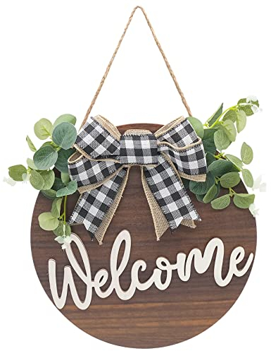 LTHERMELK Cartello di Benvenuto Porta D'ingresso Rotondo in Legno Ghirlande di Benvenuto con Fiocco e Foglie Artificiali per Esterni e Casa e Ufficio Decorazioni da Parete, 30 x 30 cm