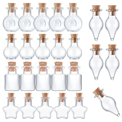 SKYPRO 25 Stück Mini-Glasflaschen mit Korkdeckel, 5 klassische Formen, kleine Glasflaschen, Wunschflaschen, kleine DIY-dekorative Bastelfläschchen für DIY-Handwerk, Dekoration, Aufbewahrungszubehör