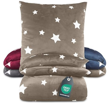 BaSaTex Winter Plüsch Bettwäsche Set, 135x200 cm, Sterne Taupe | Warm und Kuschelig, Öko_Tex Zertifiziert, Reißverschluss, Flauschig Anschmiegsam, Feuchtigkeitsregulierend