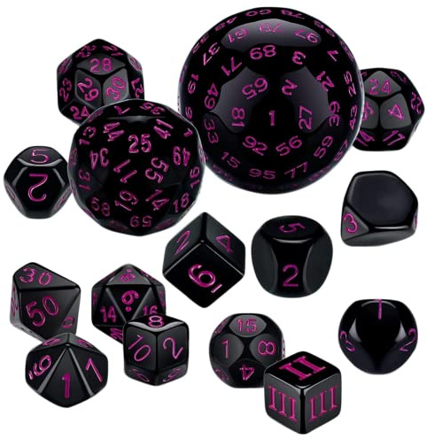 DollaTek 15 Pezzi Set Completo di Dadi Poliedrici D3-D100 Set di Dadi da Gioco per Giochi di Ruolo da Tavolo Nero e Viola