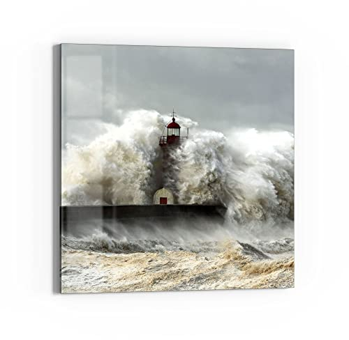 DEQORI Glasbild Echtglas | Motiv Leuchtturm bei Sturmflut | quadratisch einteilig 50x50 cm | schöne Dekoration | Wandbild für Wohnzimmer, Schlafzimmer, Flur & Küche | moderne Wanddeko