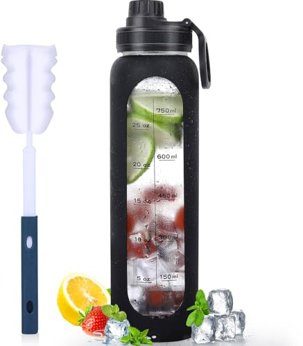 GIEMIT Glass Water Bottles 32oz with Silicone Sleeve Drinking Hydration Bottles Reusable Borosilicate Wide Mouth Motivational Water Flask Canteen with Time Marker Spout Lid and Brush