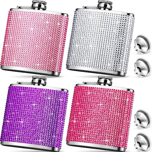 Umigy 4 Pcs 6 oz Flasks for Women Cute Rhinestone Pocket Flasks Set with Stainless Steel Funnel for Vodka Whiskey Alcohol Wedding Party Favors Bridemaid Gifts(Pink, Red, Silver, Purple)