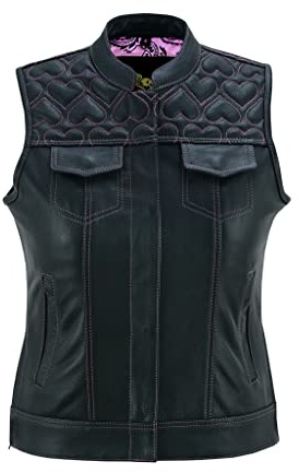 Leatherick Gilet da motociclista in pelle nera da donna - Fodera tradizionale in raso Paisley con cuciture a cuore rosa (L, Rosa cucita)
