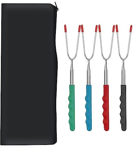 GOEDEKE Barbecue Forks-4 Pack Marshmallow Roasting Sticks Extendable Stainless Steel 27 Inch U Shape Hot Dog Fork Toasting with Handle Grilling Skewers for Fire Pit and BBQ Campfire Party (BBF-001)